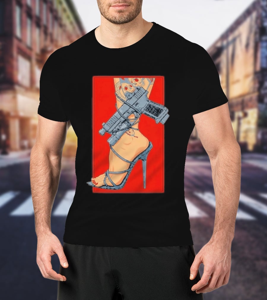 High Heel Stiletto With Gun And Tattoo Art On Red T-Shirt