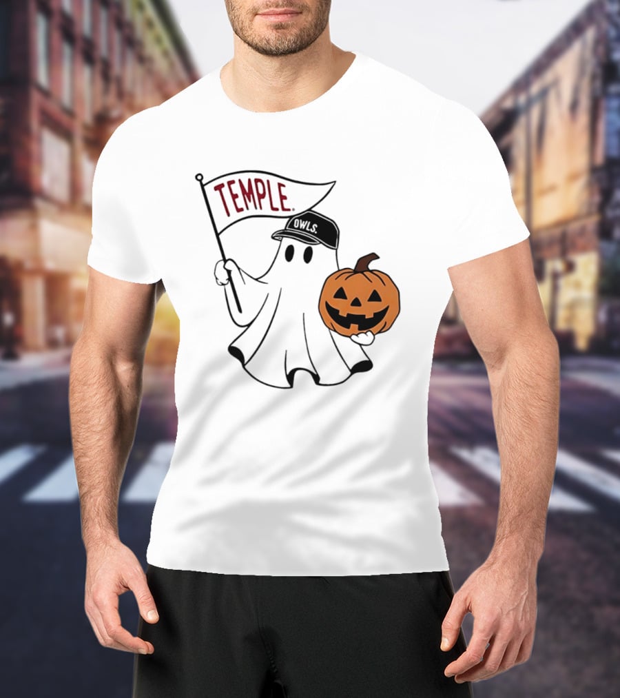 Temple Owls Halloween Ghost With Pumpkin And Flag T-Shirt
