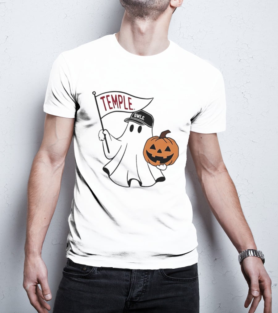 Temple Owls Halloween Ghost With Pumpkin And Flag T-Shirt
