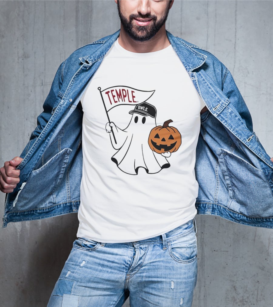 Temple Owls Halloween Ghost With Pumpkin And Flag T-Shirt