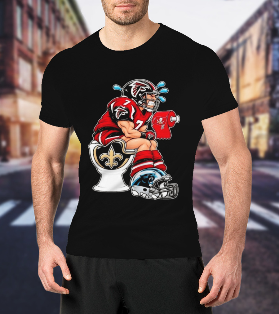 Atlanta Falcons Player On Saints Toilet With Buccaneers Toilet Paper And Panthers Helmet T-Shirt
