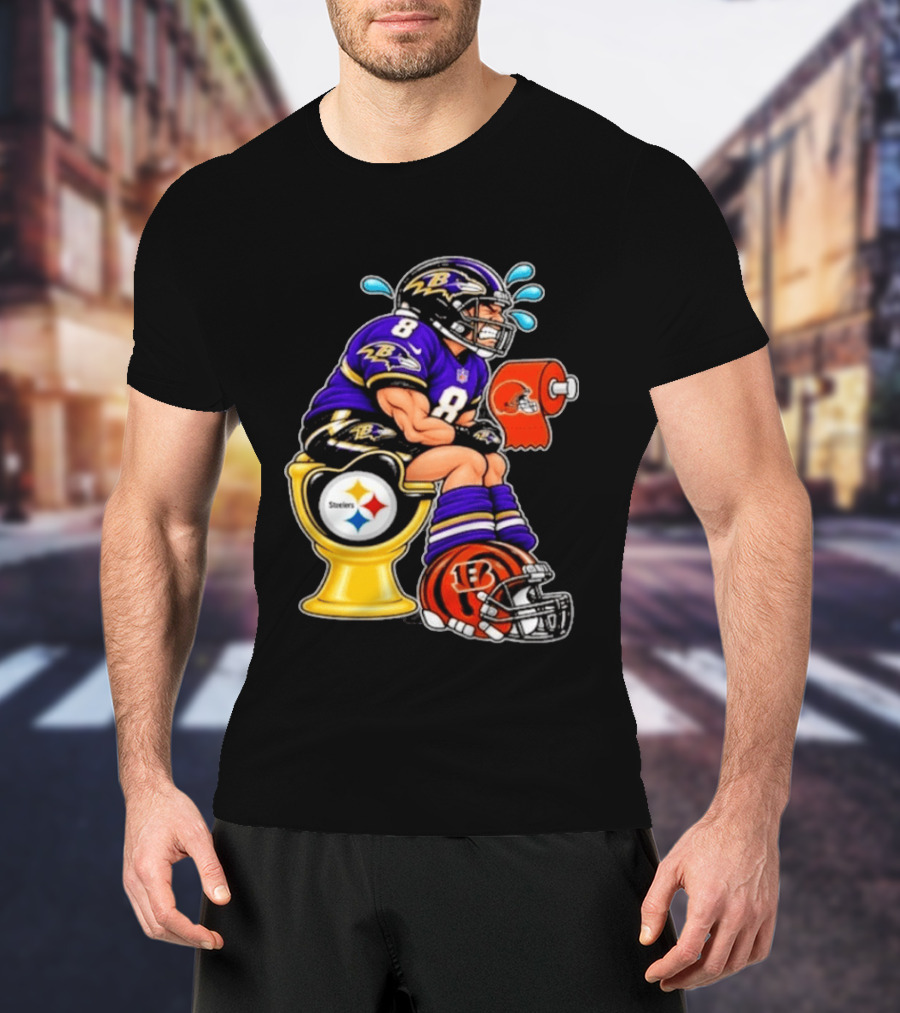 Baltimore Ravens Lamar Jackson On Steelers Toilet With Browns Toilet Paper And Bengals Helmet T-Shirt