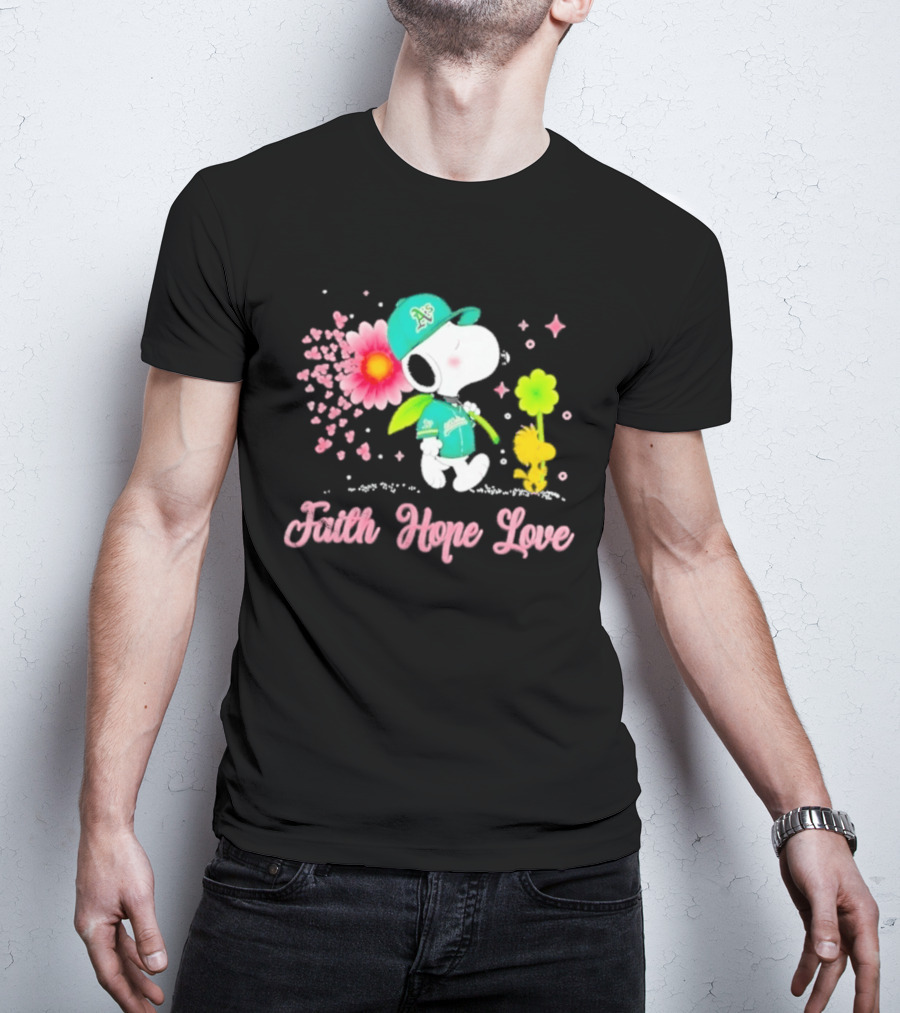 Oakland Athletics Snoopy Woodstock Faith Hope Love Breast Cancer Awareness 2026 T-Shirt