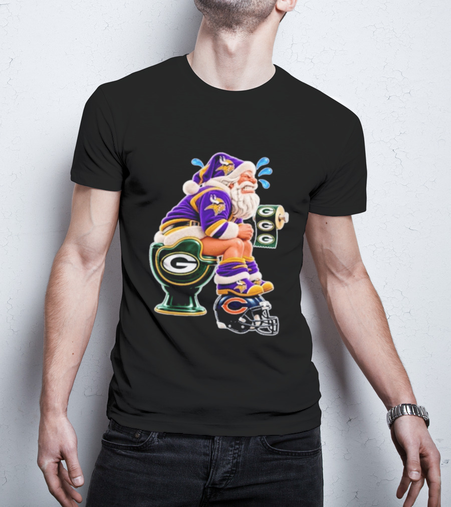 Minnesota Vikings Santa With Green Bay Packers Toilet And Chicago Bears Helmet Christmas Football T-Shirt