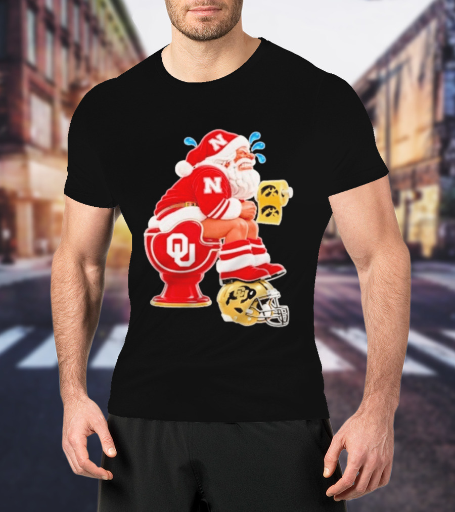 Nebraska Santa On Oklahoma Toilet With Iowa Toilet Paper And Colorado Helmet Football Rivalry Humor T-Shirt