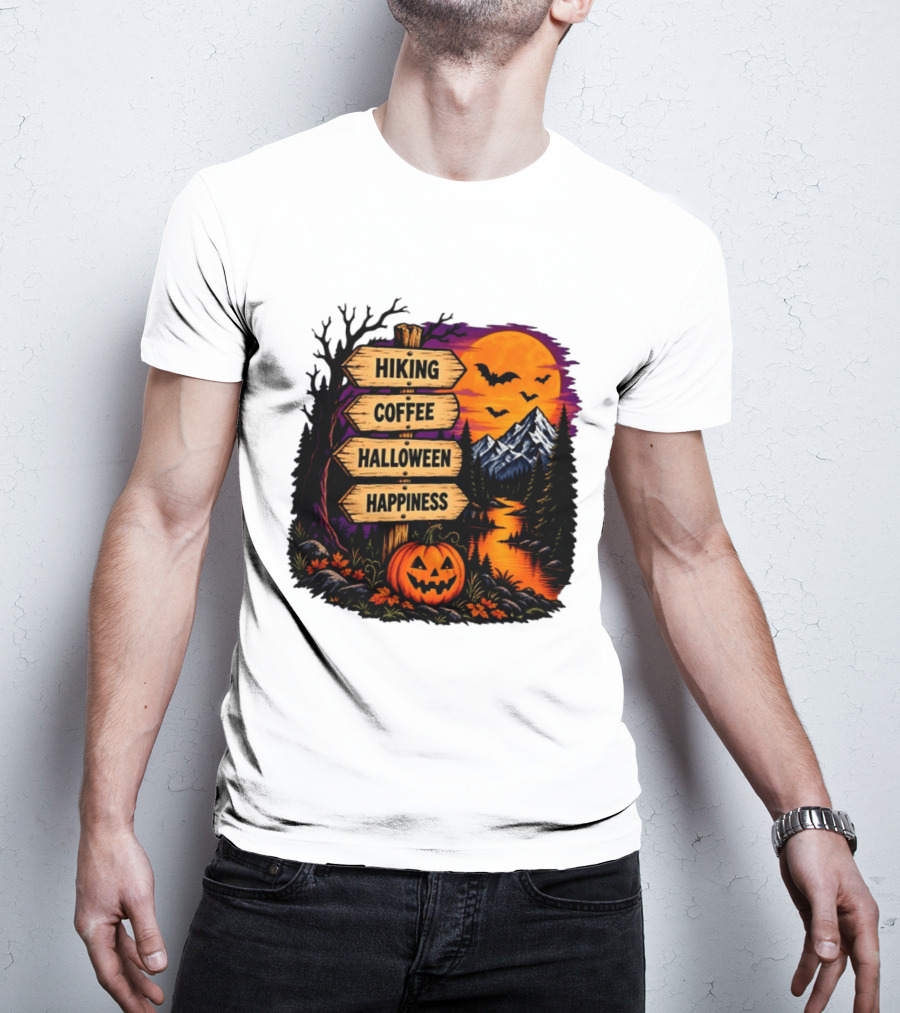 Hiking Coffee Halloween Happiness Fall Season Signpost Scenic Sunset Pumpkin Bats T-Shirt