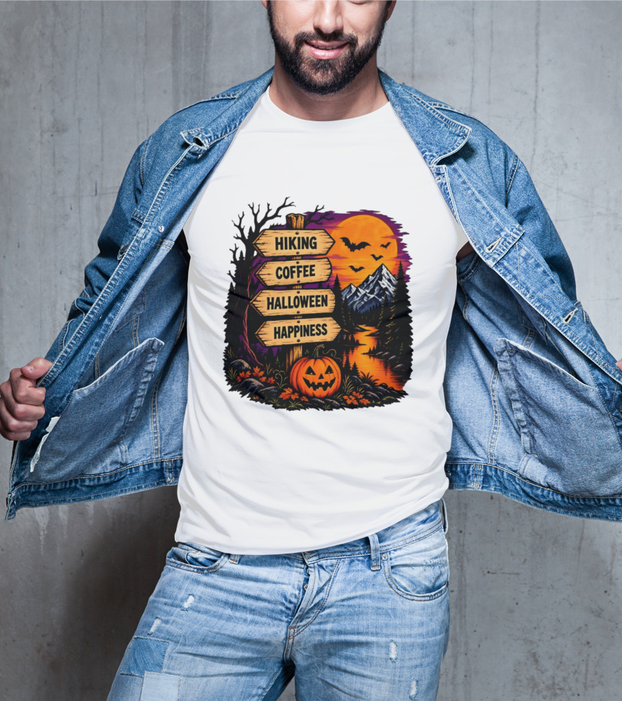 Hiking Coffee Halloween Happiness Fall Season Signpost Scenic Sunset Pumpkin Bats T-Shirt