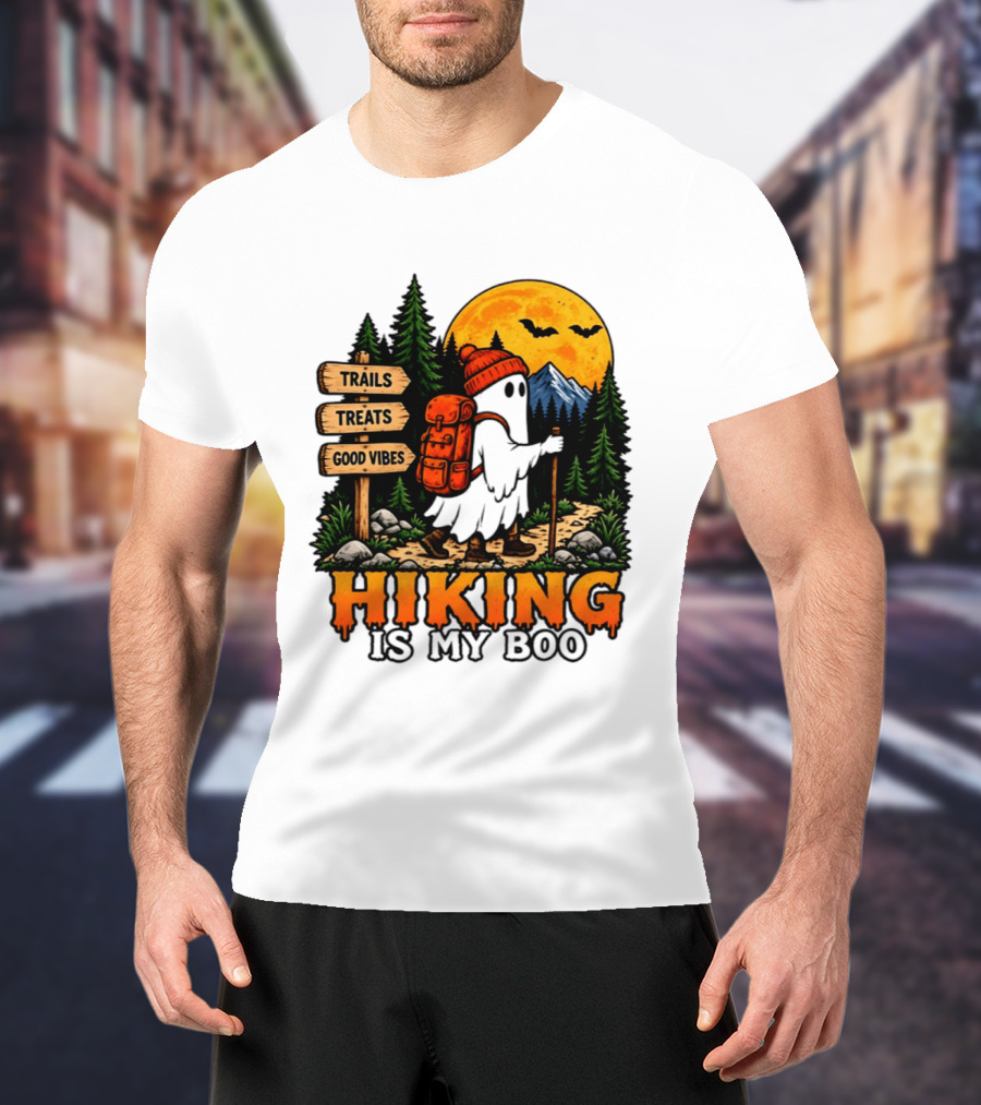 Hiking Is My Boo Ghost Trails Treats Good Vibes Halloween T-Shirt
