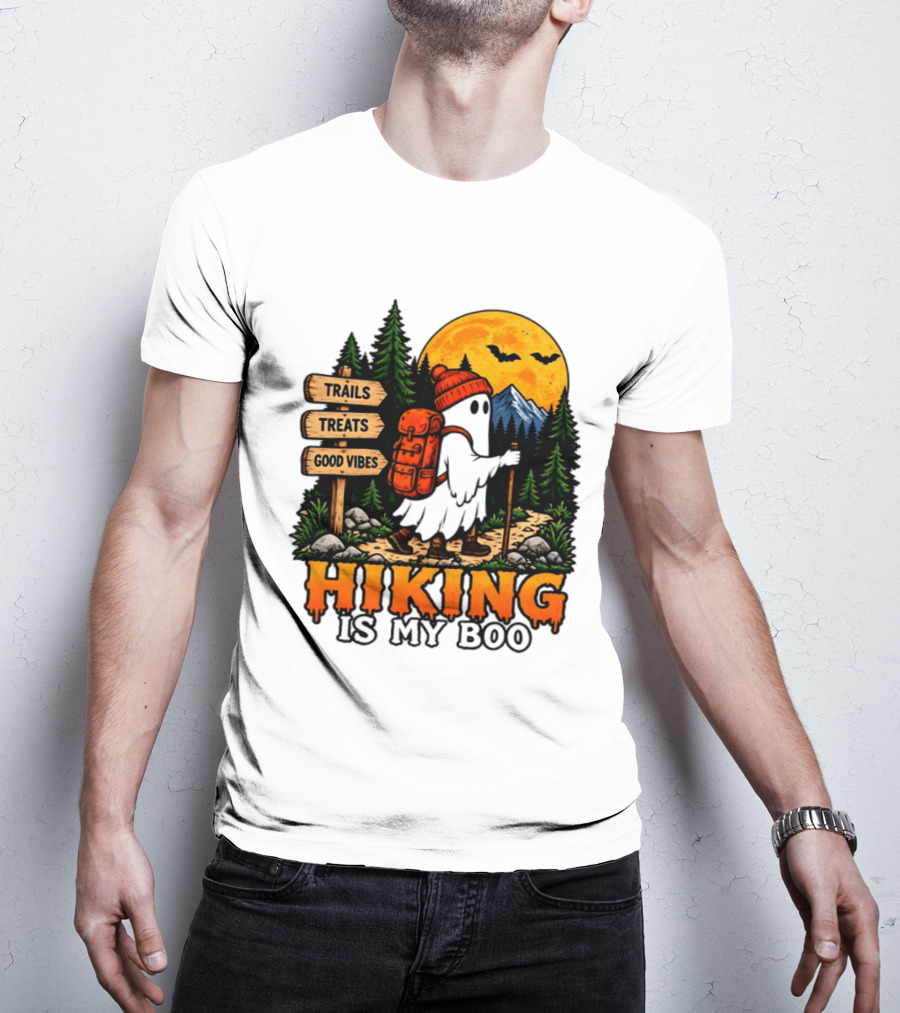 Hiking Is My Boo Ghost Trails Treats Good Vibes Halloween T-Shirt