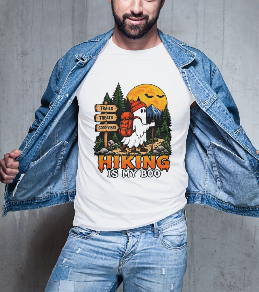 Hiking Is My Boo Ghost Trails Treats Good Vibes Halloween T-Shirt