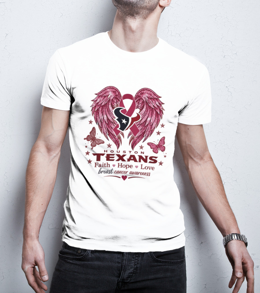 Houston Texans Breast Cancer Awareness Faith Hope Love Wings T-Shirt