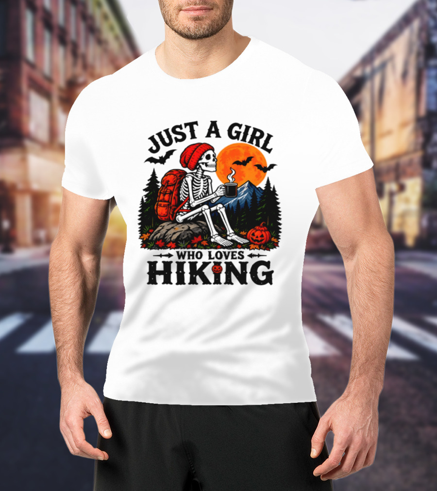 Just A Girl Who Loves Hiking Skeleton Autumn Halloween Pumpkin Bats And Coffee T-Shirt