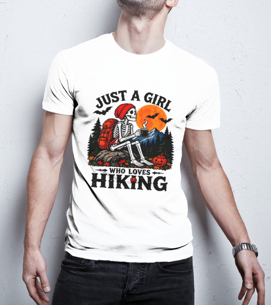 Just A Girl Who Loves Hiking Skeleton Autumn Halloween Pumpkin Bats And Coffee T-Shirt