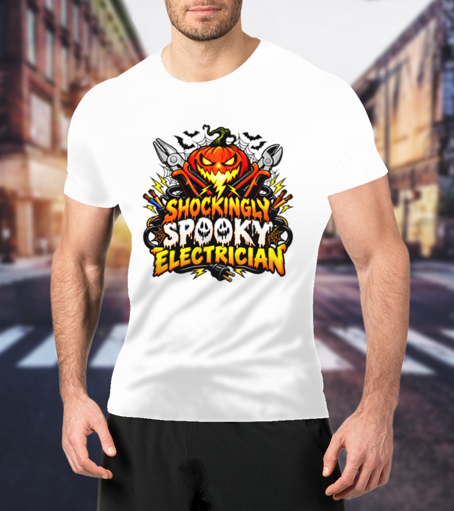 Shockingly Spooky Electrician Pumpkin Halloween Pliers And Bats T-Shirt