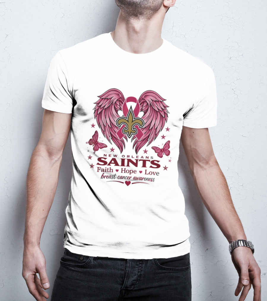 New Orleans Saints Breast Cancer Awareness Faith Hope Love Wings T-Shirt