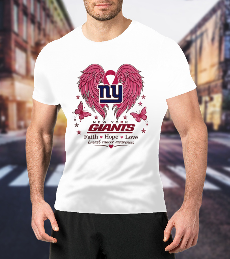 New York Giants Breast Cancer Awareness Faith Hope Love Pink Wings Ribbon T-Shirt