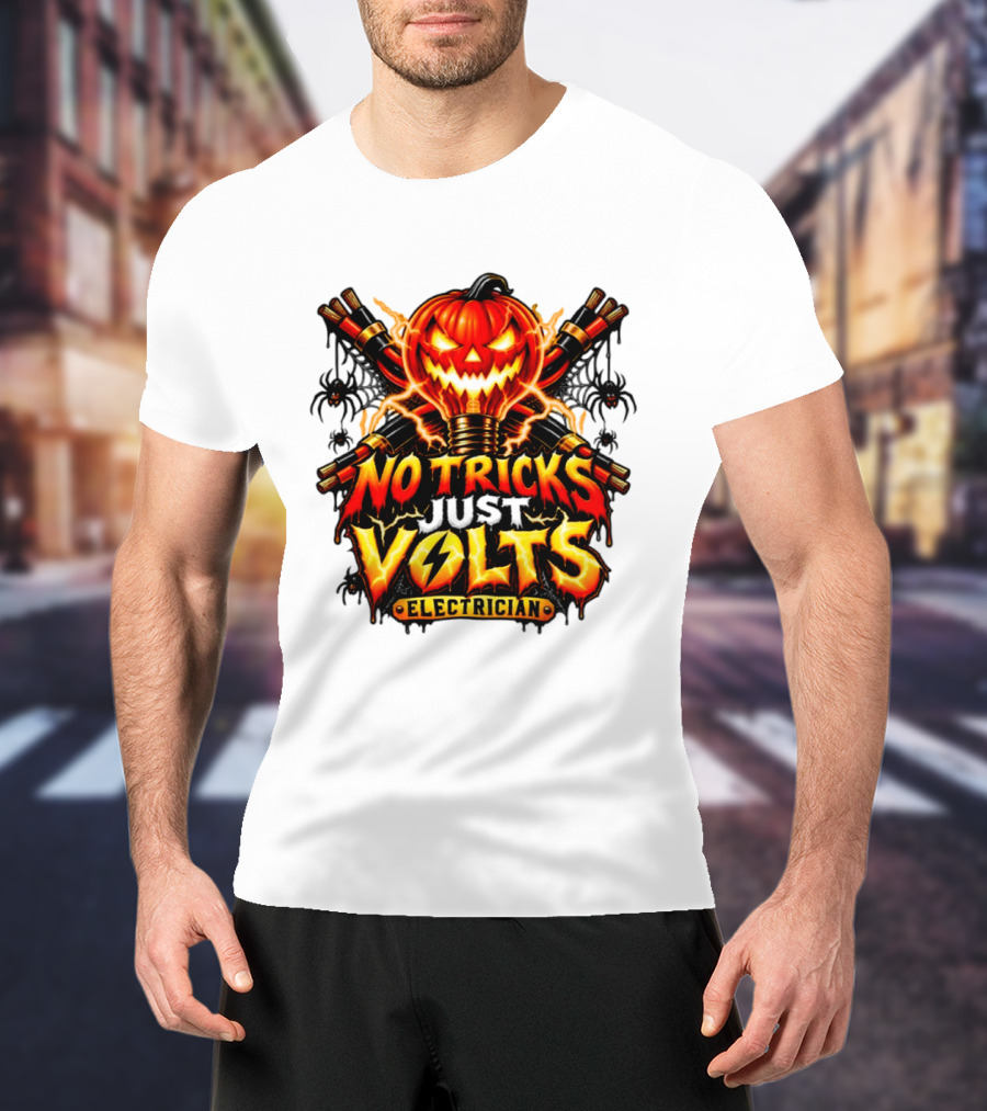 No Tricks Just Volts Electrician Pumpkin Halloween T-Shirt