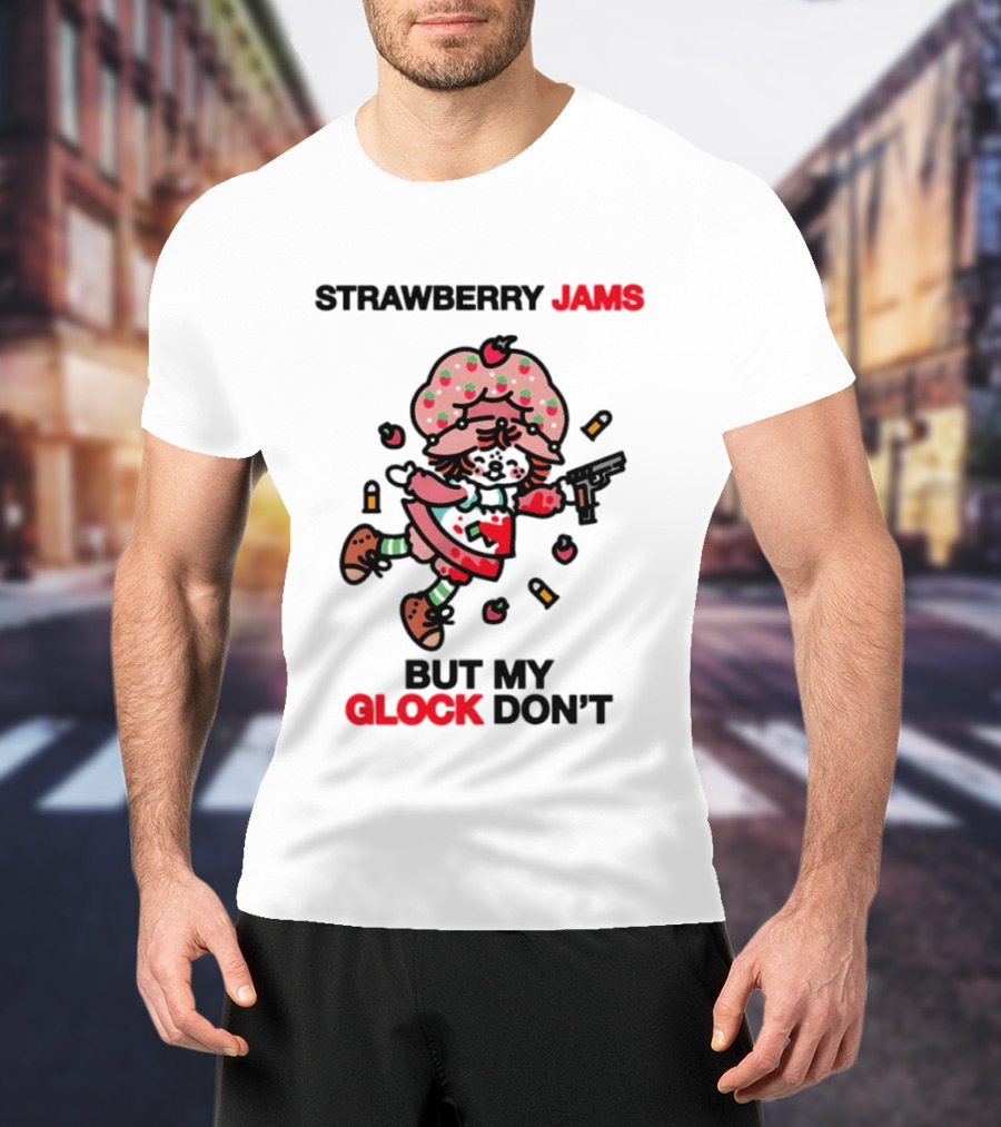 Strawberry Jams But My Glock Don't Cartoon Character With Pink Frosted Hat And Pistol T-Shirt