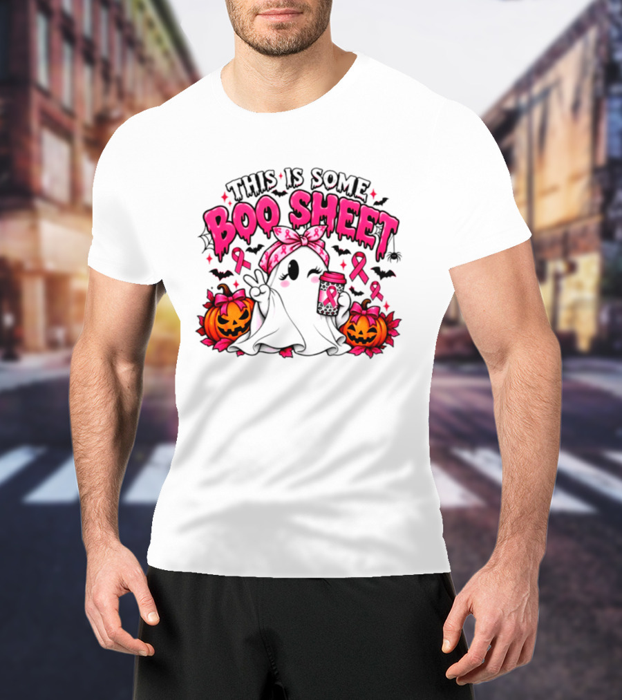 This Is Some Boo Sheet Breast Cancer Awareness Ghost Halloween Pink Ribbons Pumpkin T-Shirt