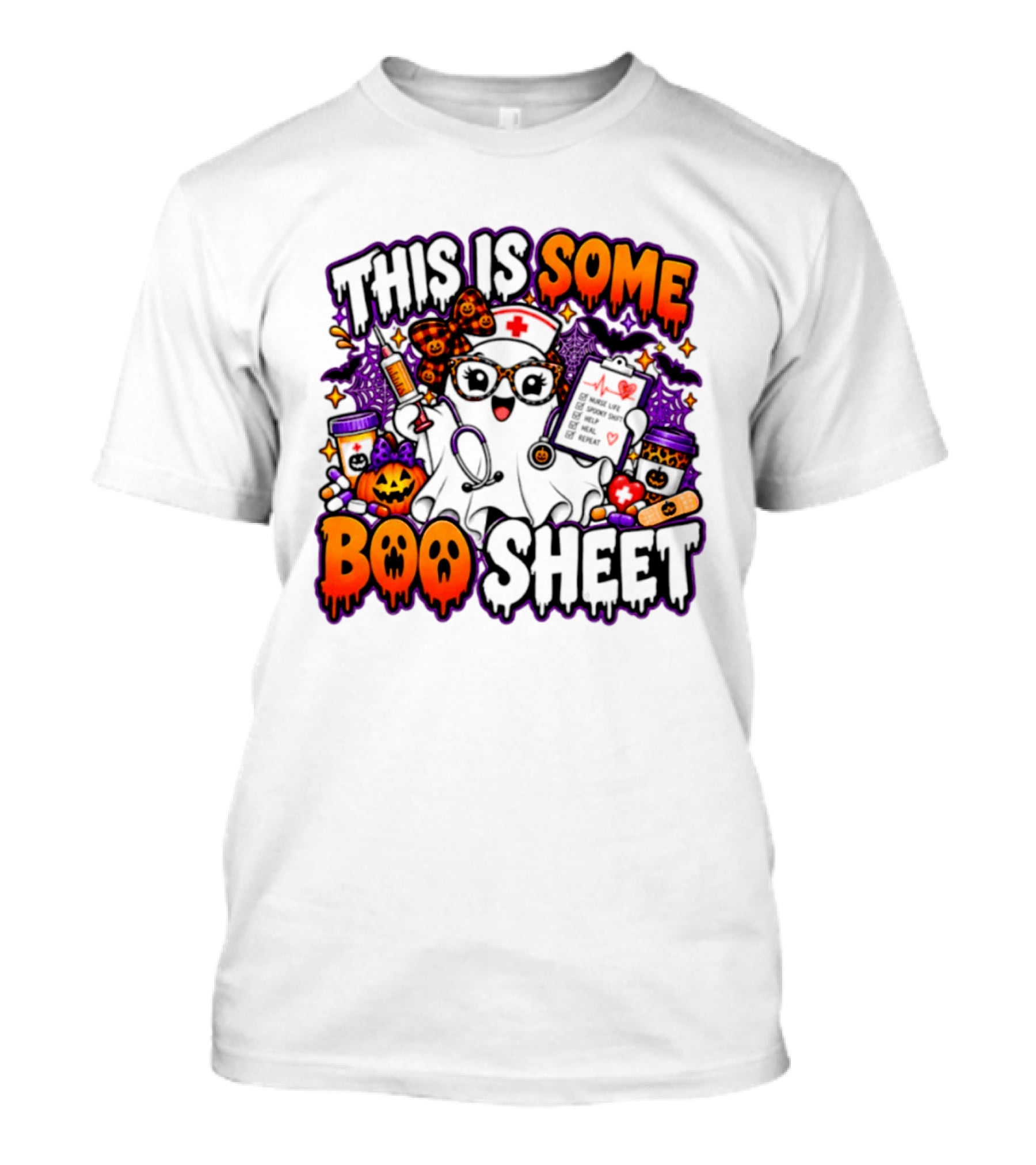 This Is Some Boo Sheet Nurse Life Spooky Shift Halloween 2026 Pumpkin Ghost Nurse Hat Glasses Bats T-Shirt