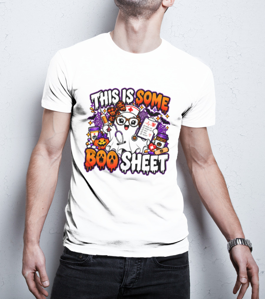 This Is Some Boo Sheet Nurse Life Spooky Shift Halloween 2026 Pumpkin Ghost Nurse Hat Glasses Bats T-Shirt