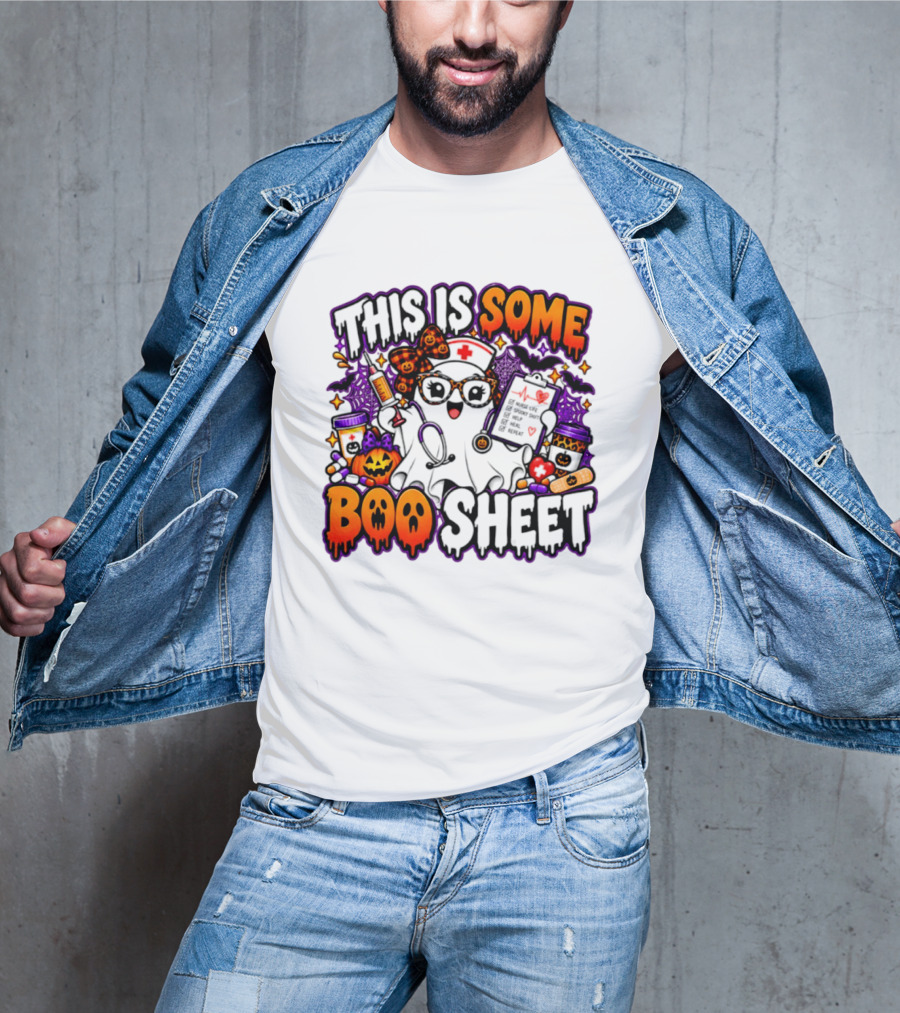 This Is Some Boo Sheet Nurse Life Spooky Shift Halloween 2026 Pumpkin Ghost Nurse Hat Glasses Bats T-Shirt