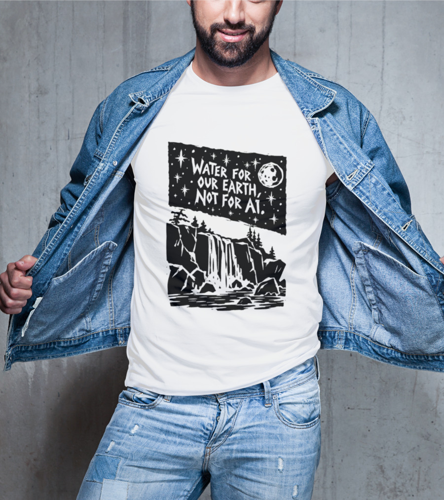 Water For Our Earth Not For AI Moonlit Waterfall Environmental Message T-Shirt