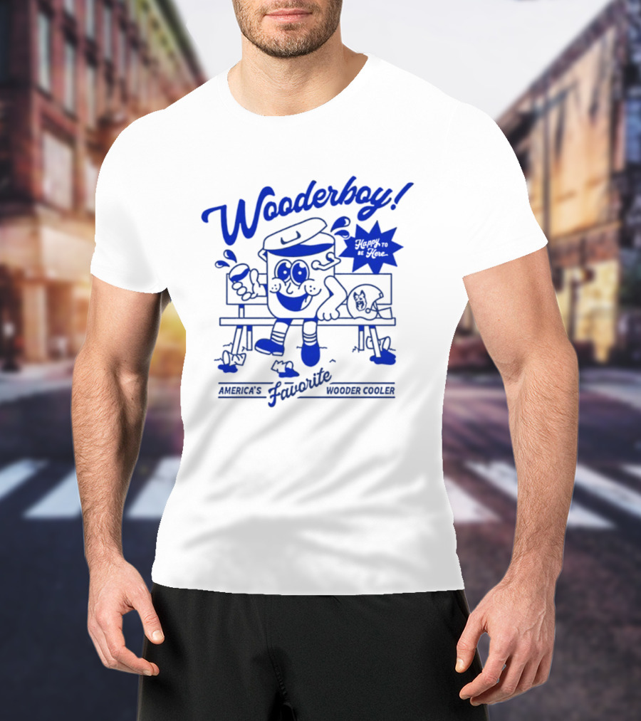 Wooderboy America's Favorite Wooder Cooler Happy To Be Here Cartoon Character Sitting On Bench With Drink T-Shirt