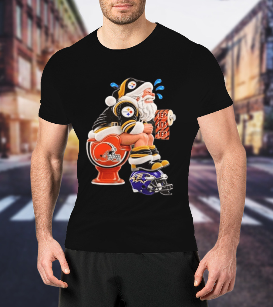 Pittsburgh Steelers Santa Christmas Cleveland Browns Toilet Baltimore Ravens Helmet Cincinnati Bengals Toilet Paper Football T-Shirt