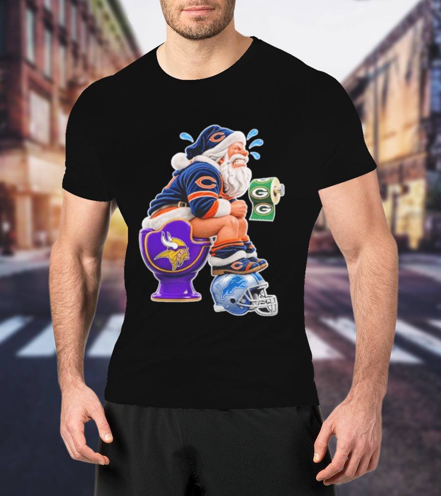 Santa Claus On Toilet Minnesota Vikings Detroit Lions Green Bay Packers Chicago Bears Funny Christmas 2026 Football T-Shirt