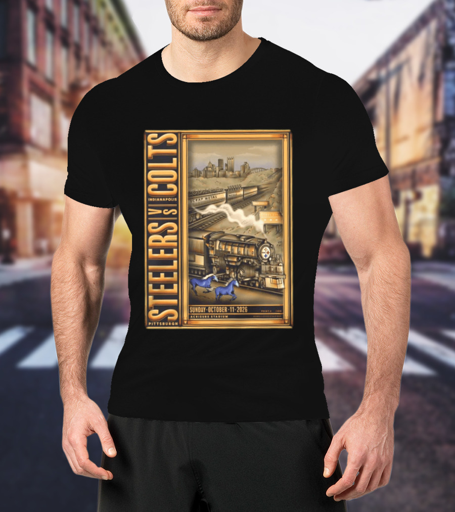 Pittsburgh Steelers Vs Indianapolis Colts Sunday October 11 2026 Acrisure Stadium Cityscape With Train And Blue Horses T-Shirt