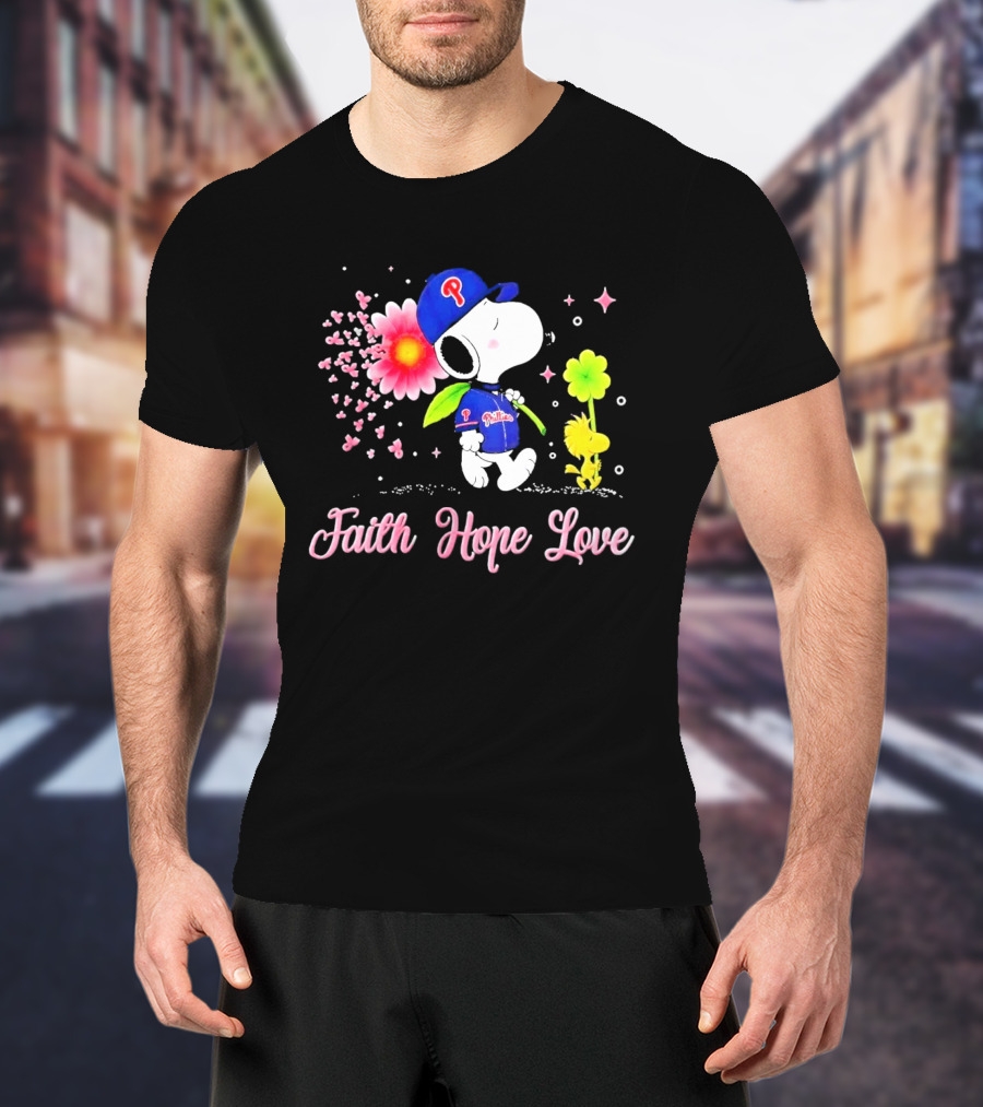 Philadelphia Phillies Snoopy Faith Hope Love Breast Cancer Awareness T-Shirt