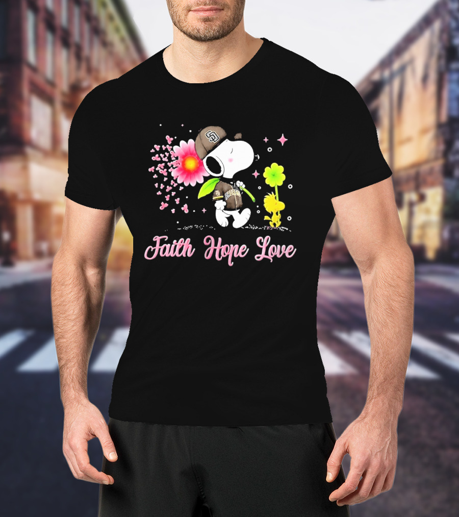 Snoopy San Diego Padres Faith Hope Love Breast Cancer Awareness T-Shirt