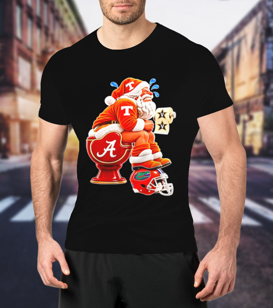 Tennessee Volunteers Santa Claus With Alabama Crimson Tide Toilet Vanderbilt Commodores Toilet Paper Florida Gators Helmet T-Shirt