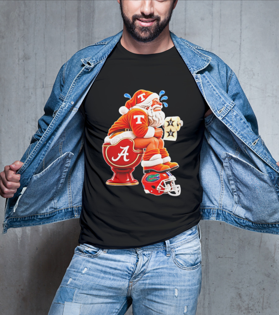Tennessee Volunteers Santa Claus With Alabama Crimson Tide Toilet Vanderbilt Commodores Toilet Paper Florida Gators Helmet T-Shirt
