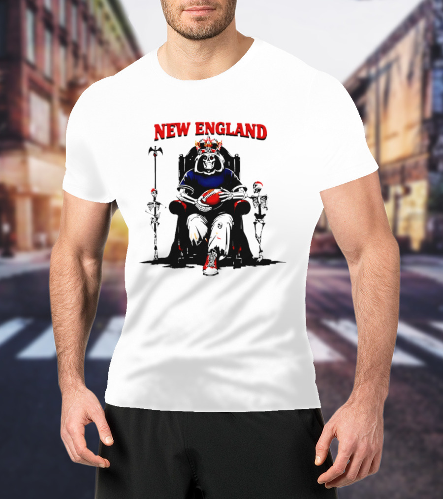 New England Skeletal Football Monarch Sitting On A Throne With Staff T-Shirt