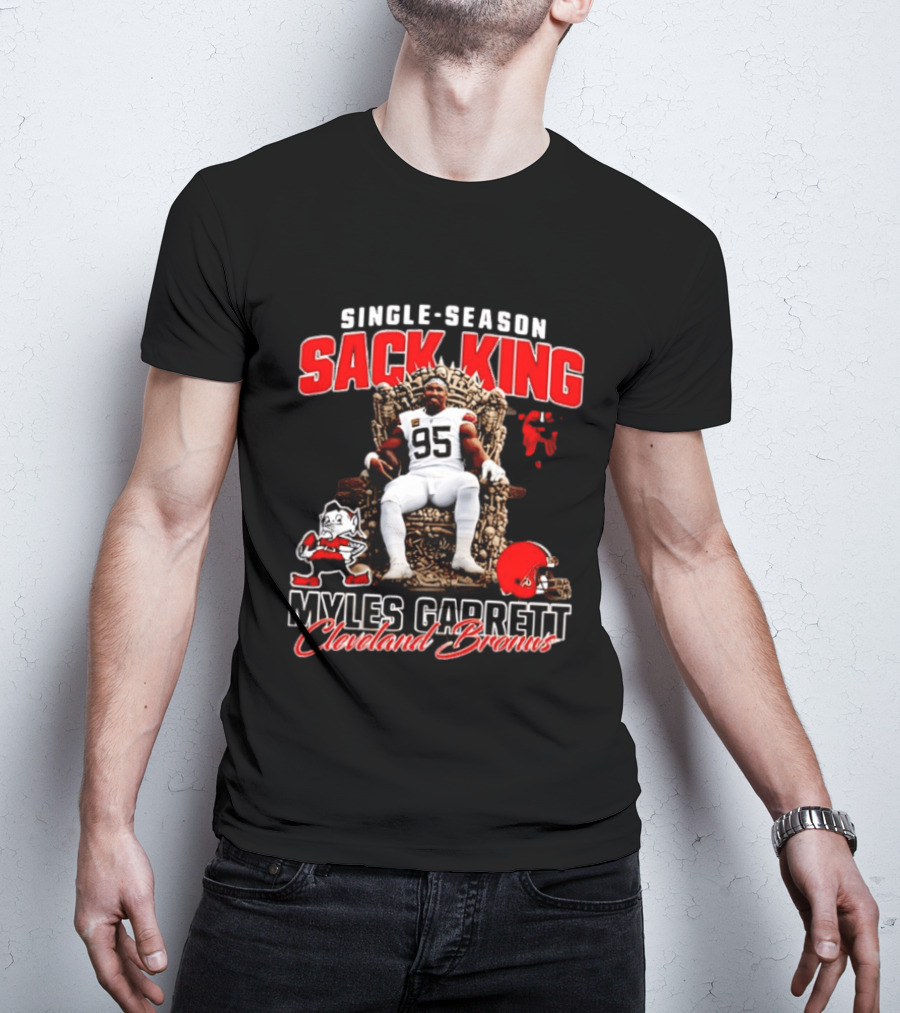 Single Season Sack King Myles Garrett Cleveland Browns 95 Throne Motif T-Shirt