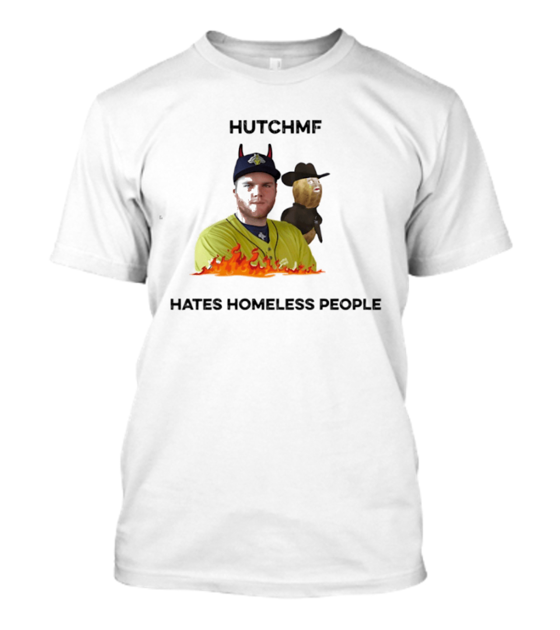 Hutchmf Hates Homeless People Devil Horns Yellow Jersey Flames T-Shirt