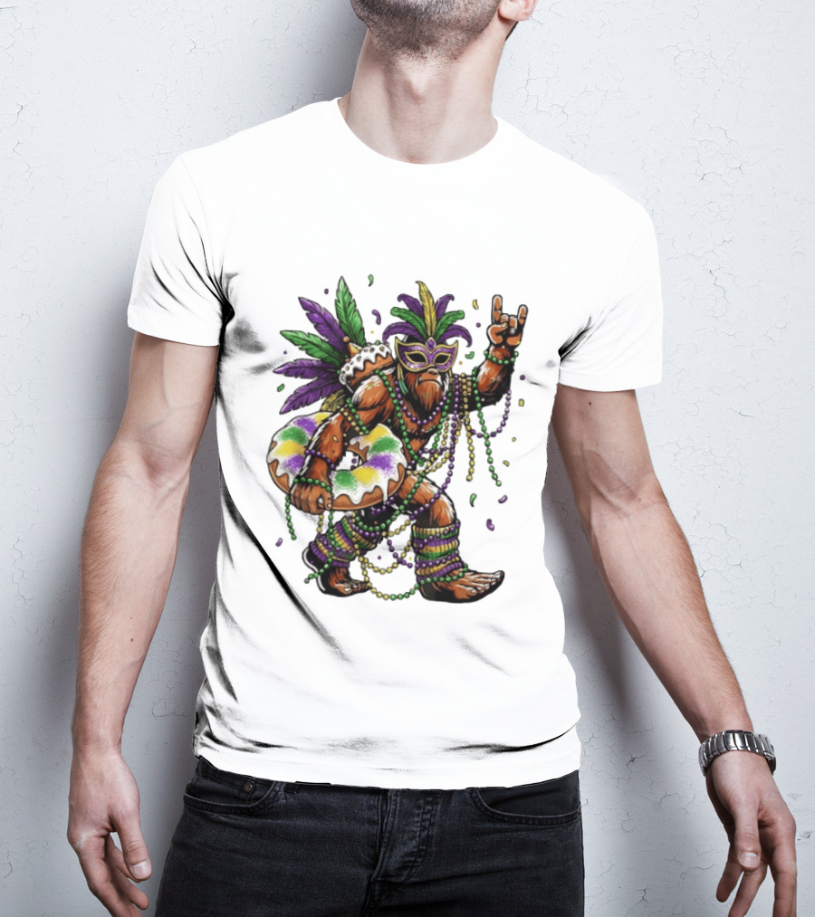 Mardi Gras Bigfoot King Rock And Roll Hand Beads Cake Donut T-Shirt
