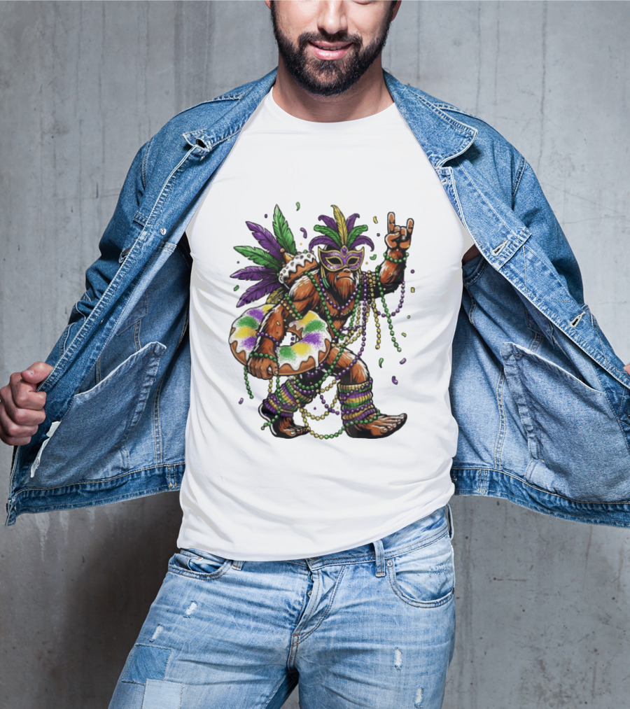 Mardi Gras Bigfoot King Rock And Roll Hand Beads Cake Donut T-Shirt