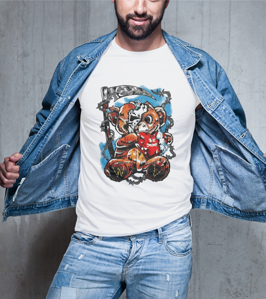 Warren Lotas Be Mine Teddy Grim Reaper Barbed Wire Valentine Scythe T-Shirt