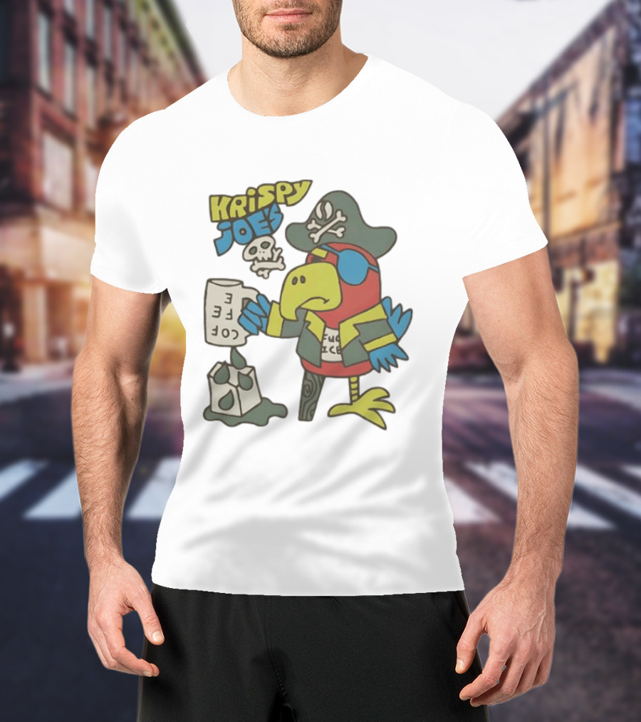 Krispy Joe's Pirate Parrot Coffee Spill Cartoon T-Shirt