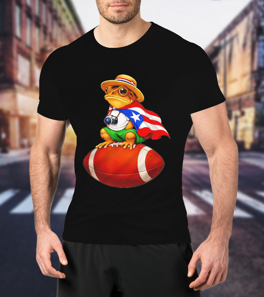 Puerto Rico Coqui Frog With Hat And Flag Sitting On Football T-Shirt