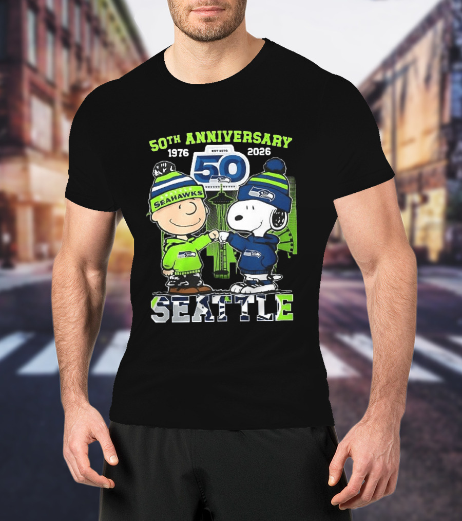 Seattle Seahawks 50th Anniversary 1976 2026 Charlie Brown Snoopy T-Shirt