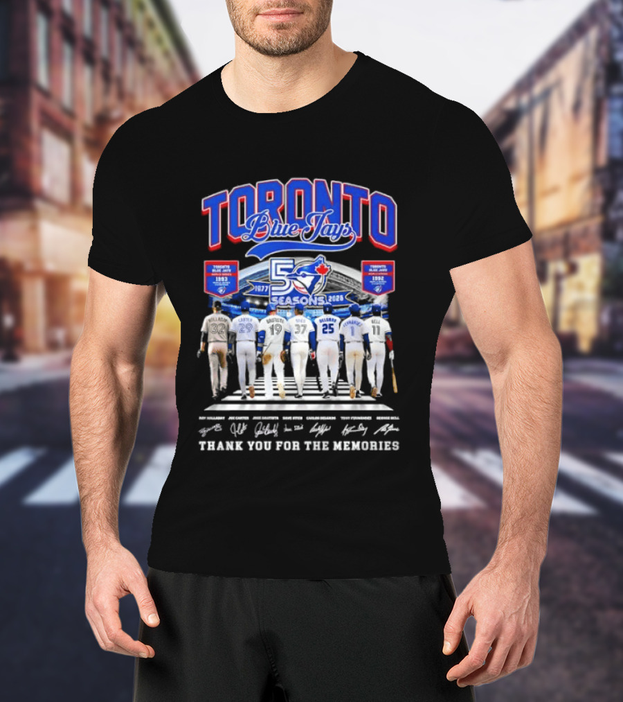 Toronto Blue Jays Blue 50 Seasons 1977 To 2026 Commemorative Signatures Thank You For The Memories T-Shirt
