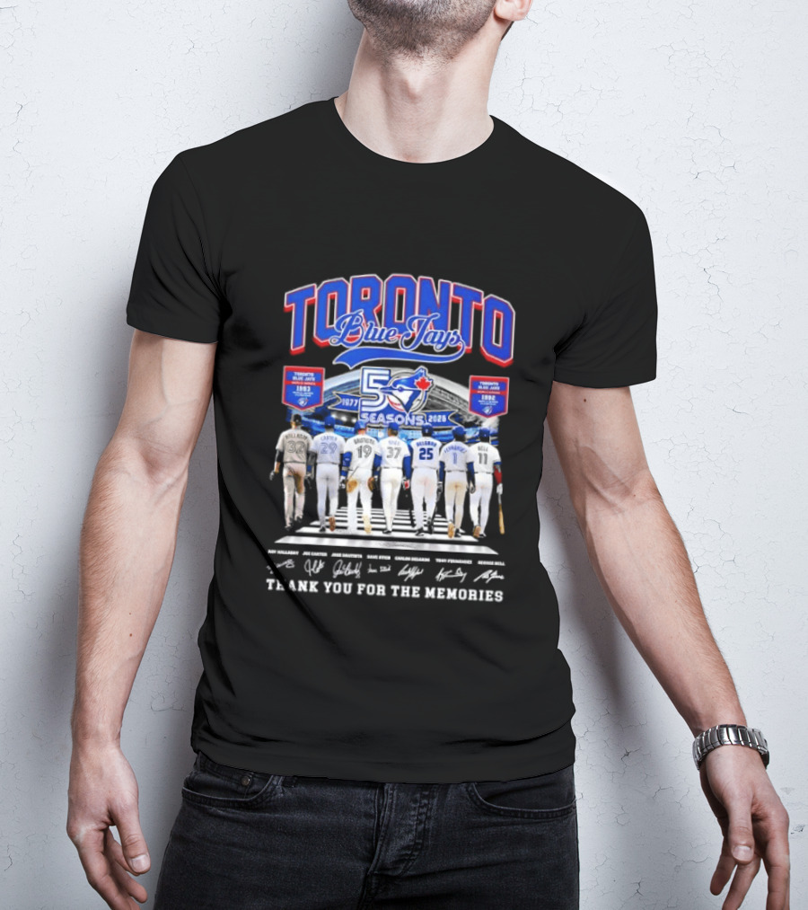 Toronto Blue Jays Blue 50 Seasons 1977 To 2026 Commemorative Signatures Thank You For The Memories T-Shirt