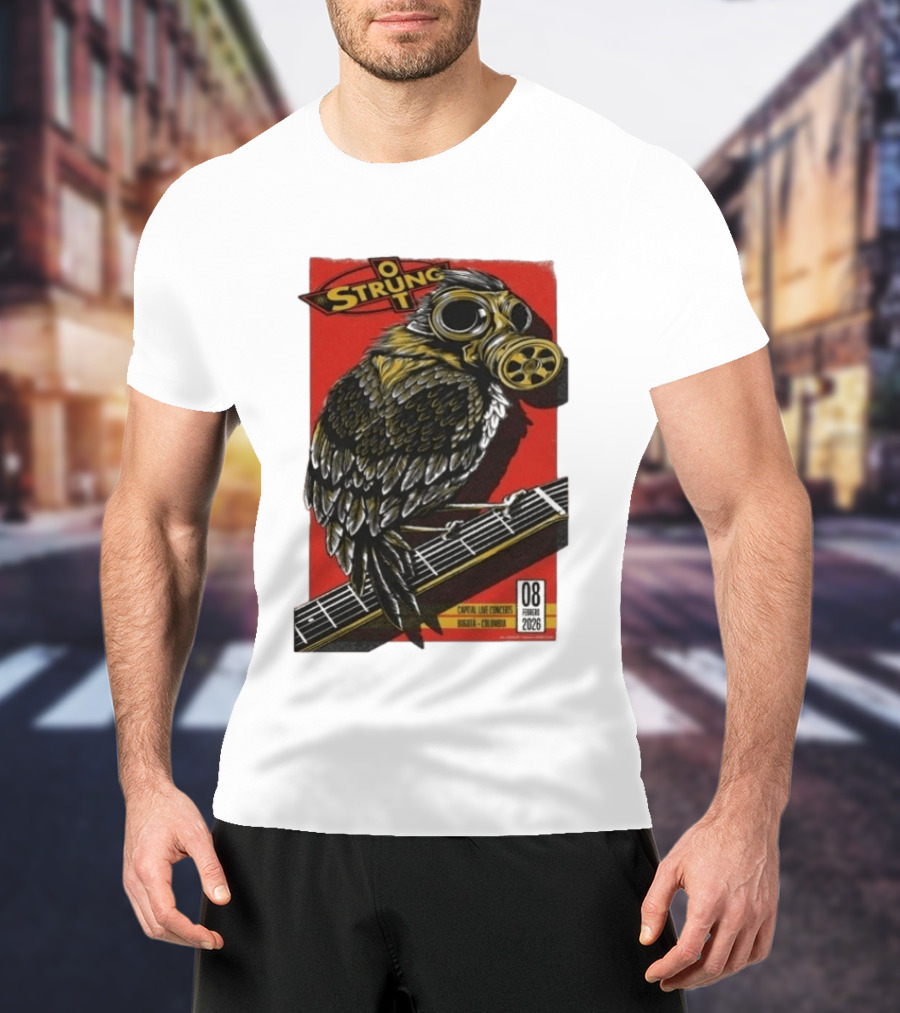 Strung Out Feb 8 2026 Bogota Colombia Bird Gas Mask Concept Concert Tour T-Shirt