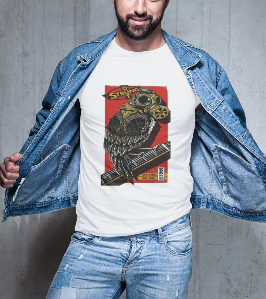 Strung Out Feb 8 2026 Bogota Colombia Bird Gas Mask Concept Concert Tour T-Shirt