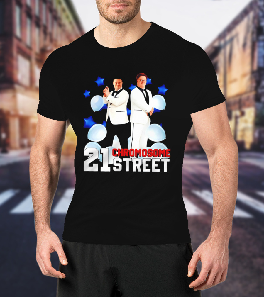 21 Chromosome Street Down Syndrome Stars Balloons White Suits T-Shirt
