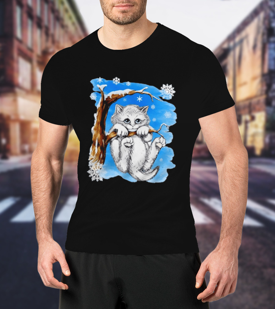 Hang In There Baby Cat In Snow With Snowflakes And Blue Sky T-Shirt